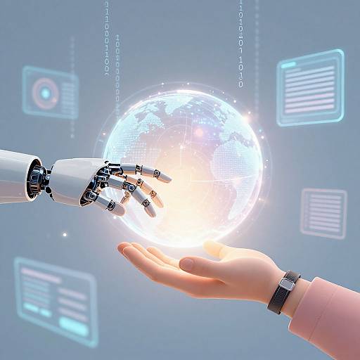 Digital artwork of a robotic hand transferring light from a glowing, holographic Earth to a human hand against a futuristic blue background.