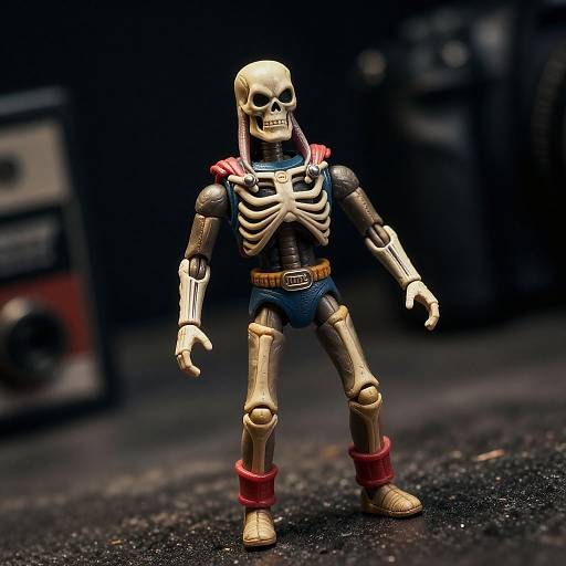 Photograph of a vintage action figure with a skeletal torso, blue pants, red shoulder pads, and boots, standing on a dark, textured surface.