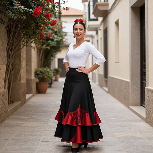 Photograph of a smiling woman with red headband, white top, and black skirt with red frills, standing in a narrow, flower-lined European