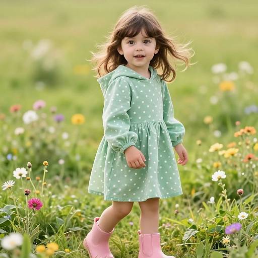 Photograph of a young girl with brown hair in a light green, polka-dotted dress and pink rain boots, walking through a vibrant, colorful