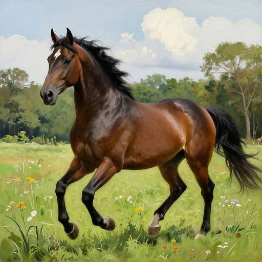 Digital painting of a galloping, dark brown horse with a black mane and tail, in a bright, sunny meadow with wildflowers and green