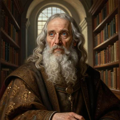 Photorealistic digital painting of an elderly, white-haired wizard with a long, curly white beard, wearing ornate brown robes, standing in a dim
