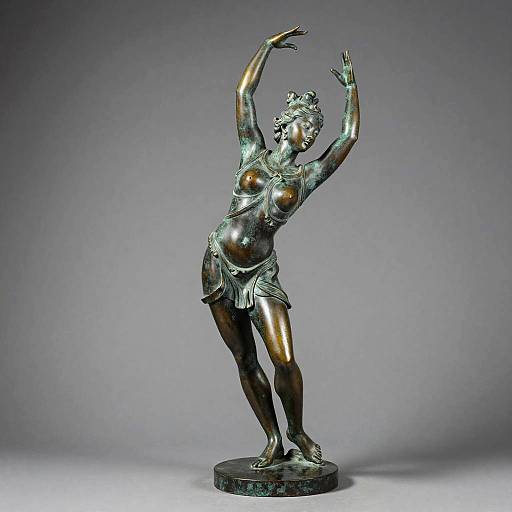 Photograph of a bronze statue of a dancing woman with raised arms, wearing a flowing skirt and delicate top, standing on a round base against a grey