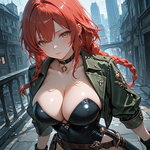Red-Haired Anime Girl with Sword in Urban Setting