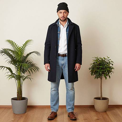 Photograph of a bearded man in a black beanie, dark coat, white shirt, blue jeans, brown shoes, standing between two potted