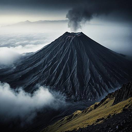 Erupting Volcano with Mist and Fog