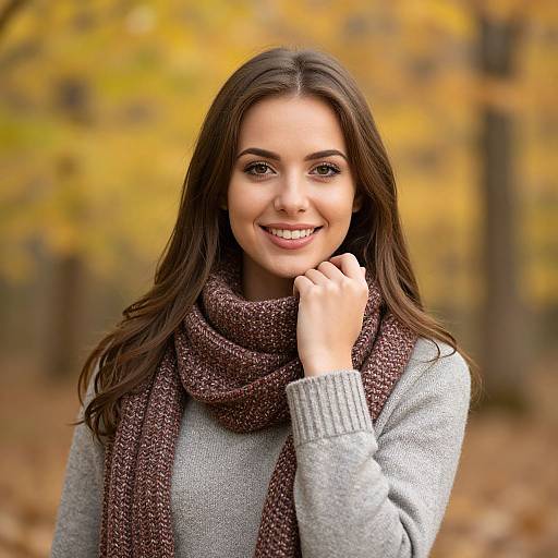 Photograph of a smiling young woman with long brown hair, wearing a gray sweater and brown knit scarf, against a blurred autumn forest background.