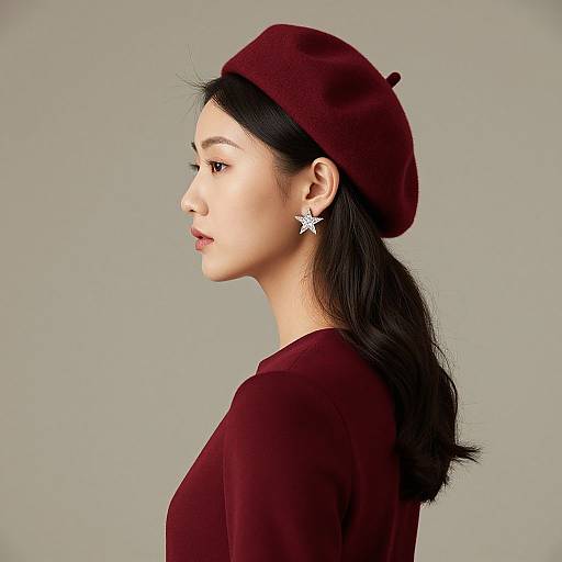 Photograph of an Asian woman in profile wearing a maroon beret and matching velvet top, with star earrings, against a gray background.
