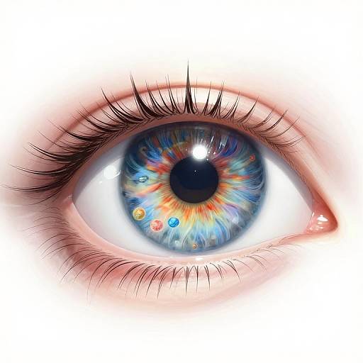 Close-up digital illustration of a vivid blue eye with rainbow-colored iris, multiple reflection dots, and long black eyelashes on a white background.
