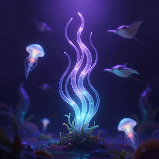 Luminescent Antigravity Kelp in Violet Nebula