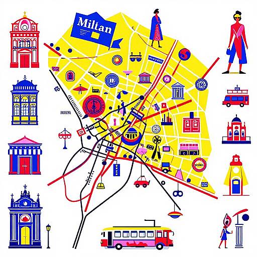 Colorful city map illustration with iconic buildings, people, and vehicles in red, blue, yellow, and black on white background.