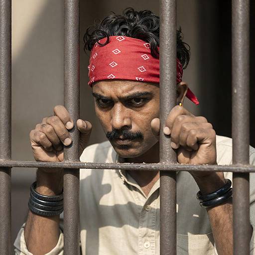 Man gripping prison bars with intense expression