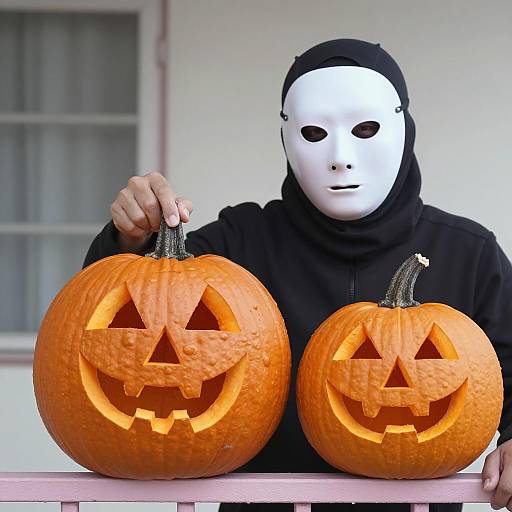 Person in Horror Mask Holding Carved Pumpkins