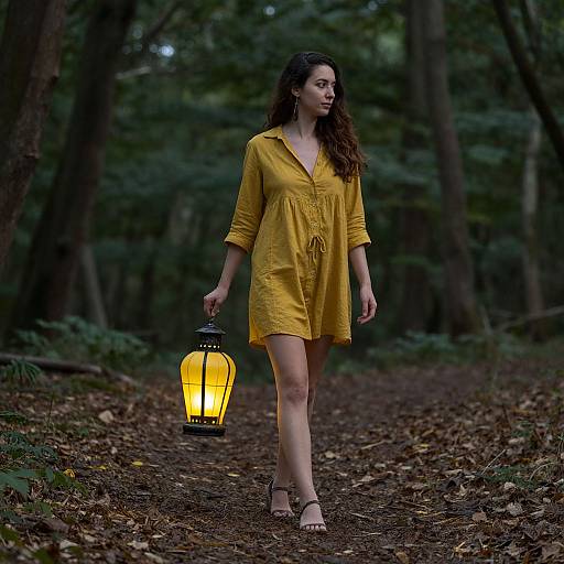 Photograph of a woman with long brown hair, wearing a yellow dress and sandals, walking through a dark forest holding a glowing lantern.
