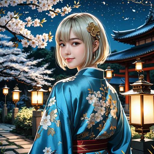 Anime Maiden in Silk Kimono at Moonlit Japanese Garden