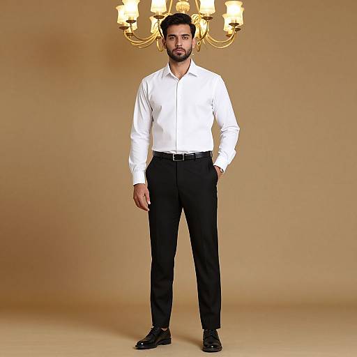 Photograph of a bearded man with dark hair, wearing a white shirt, black pants, black belt, and black shoes, standing against a beige