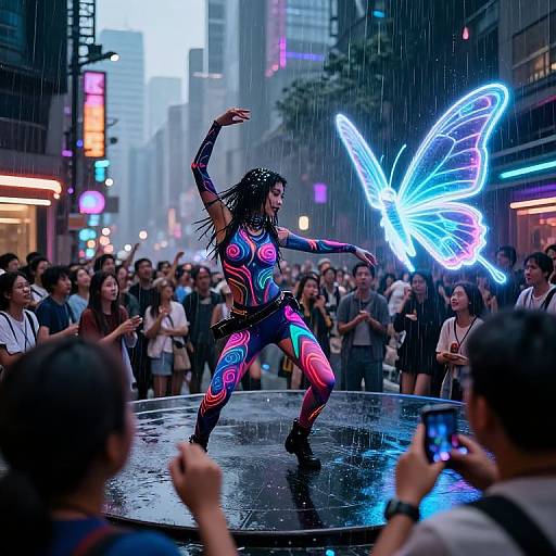 Cyberpunk Neon Dance with Holographic Butterfly