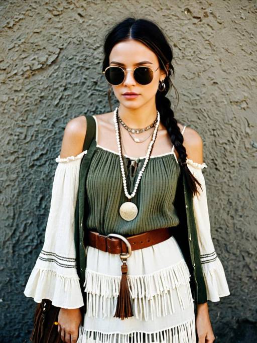 Bohemian Woman in White Dress with Sunglasses