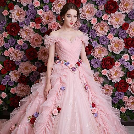 Photograph of a fair-skinned woman with dark hair in an off-shoulder, pink, ruffled ball gown adorned with flowers, standing against