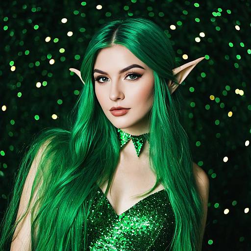 Green Glitter Elf Woman with Pointy Ears