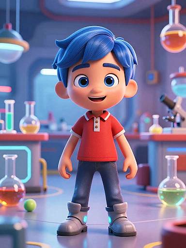 CGI cartoon of a blue-haired, wide-eyed boy in a red polo shirt and blue jeans standing in a colorful, lit laboratory.