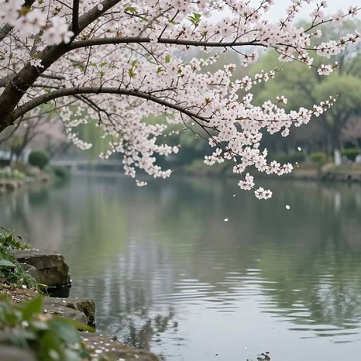 Photograph of a serene pond reflecting cherry blossom branches with pink flowers, surrounded by green trees and a rocky shoreline.
