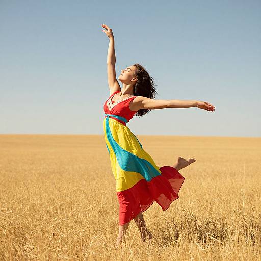 Photograph of a joyful woman with dark hair, wearing a colorful dress (red, yellow, blue), dancing in a golden wheat field under a clear