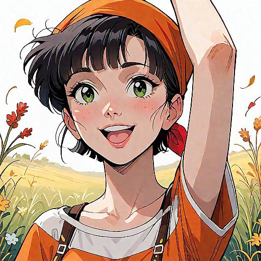 Smiling Anime Girl in Orange Headwear