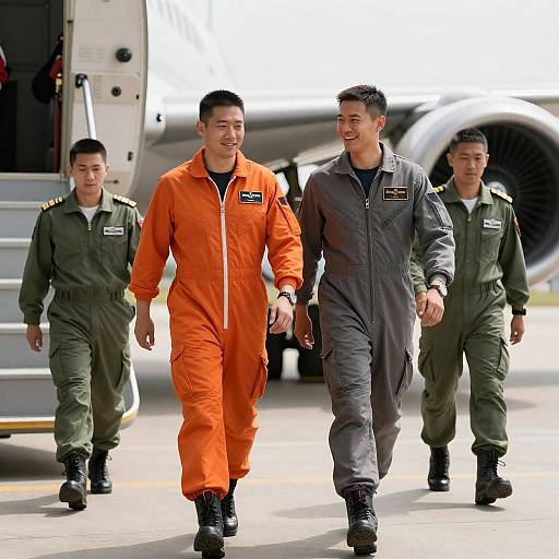 Dynamic Scene of Pilots Exiting Hangar