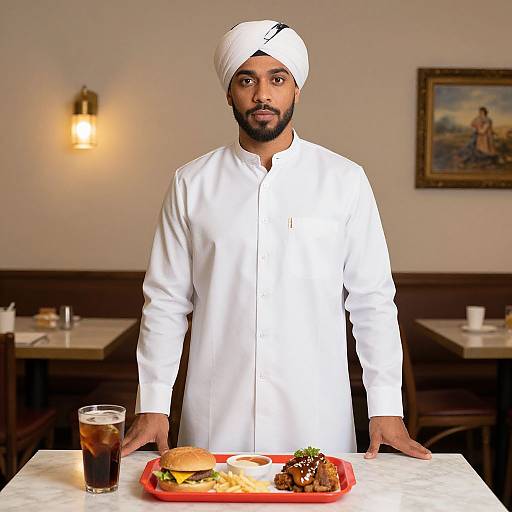 Photograph of a bearded South Asian male chef in a white uniform and turban, standing in a restaurant, serving a burger and fries tray with