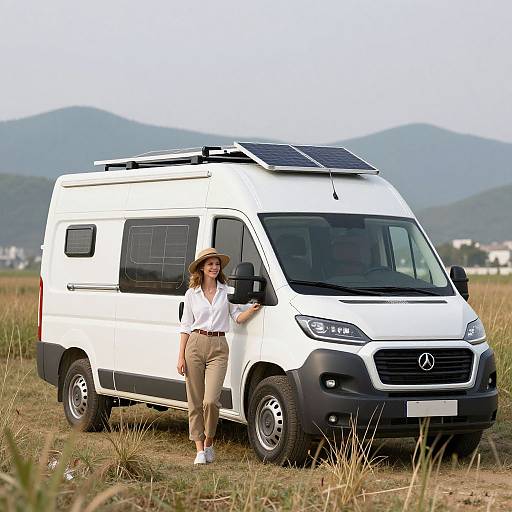 Photograph of a young woman in a white Mercedes van with solar panels, standing in a grassy field with mountains in the background. She wears a