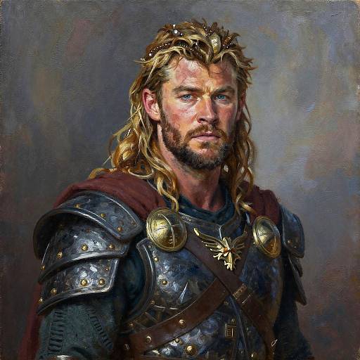 Digital painting of a rugged, blonde-bearded warrior with wavy hair, wearing metallic armor, a red cloak, and a gold brooch, against