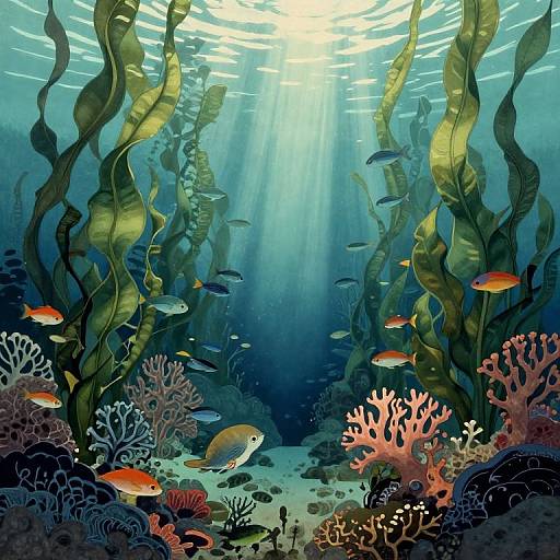 Vibrant underwater scene: Sunlight filters through wavy green seaweed, illuminating colorful coral reefs and red-orange fish, surrounded by small blue