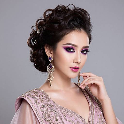 Photograph of an Asian woman with dark hair in an updo, wearing purple eyeshadow, pink lipstick, ornate earrings, and a pink