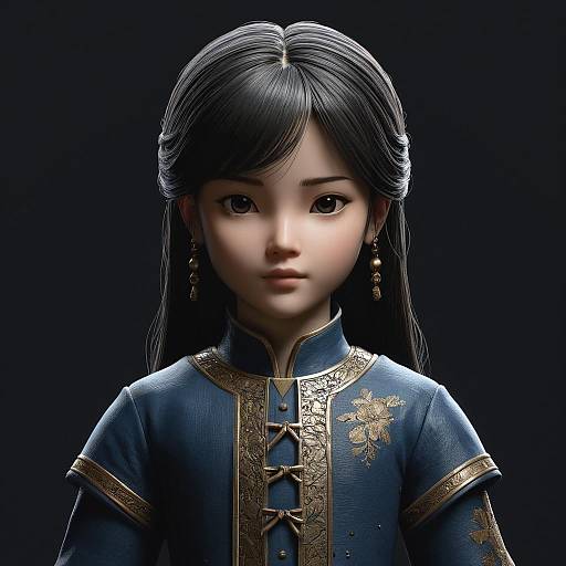 Digital CGI portrait of an Asian woman with long black hair, wearing a detailed blue and gold traditional Chinese outfit, against a dark background.
