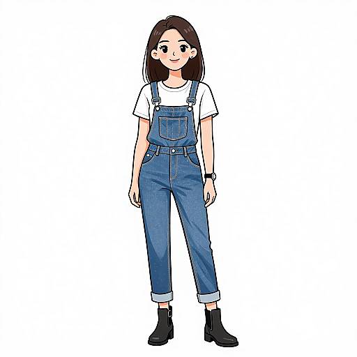 Digital anime-style drawing of a smiling young woman with fair skin, black hair, wearing blue denim overalls, white t-shirt, black ankle boots,