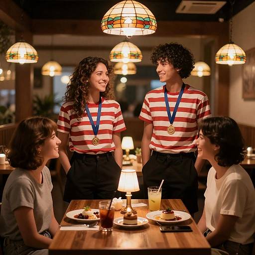 Friends Celebrating with Medals in Cozy Restaurant