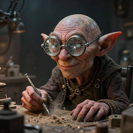 Photograph of a bald, elderly goblin with large ears, round glasses, and wrinkled skin, smiling while sharpening a tool in a dim