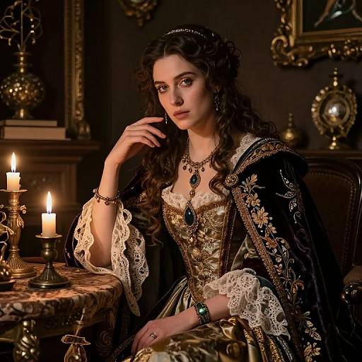 Photograph of a dark-haired woman in an ornate Victorian gown, adorned with jewelry, seated by candlelit table in a dimly lit, op