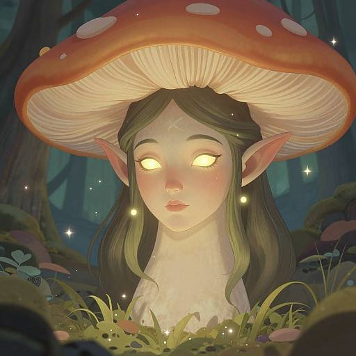 Digital art of a glowing, elf-like woman with pointed ears, green hair, and yellow eyes, under a large red mushroom in a mystical forest.
