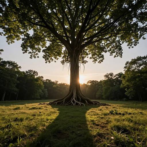Photograph of a large, majestic tree with sprawling roots, silhouetted against a bright sunset, casting a long shadow on a grassy field