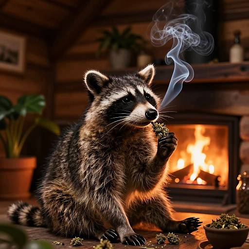Raccoon Smoking Weed in Cozy Cabin