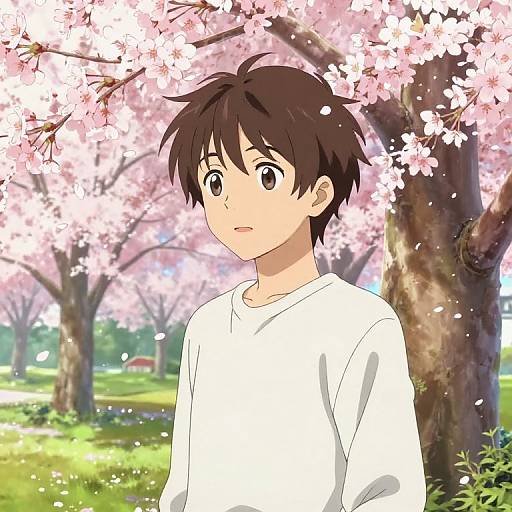 Anime-style drawing of a young man with brown hair and wide eyes, wearing a white shirt, standing under pink cherry blossoms.