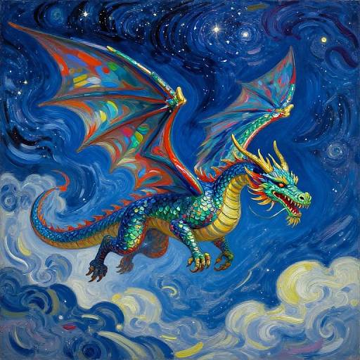 Vibrant digital painting of a colorful dragon with rainbow wings soaring through a swirling, starry blue night sky with clouds.