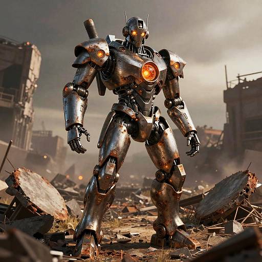 Robotic Guardian on Ruined Battlefield