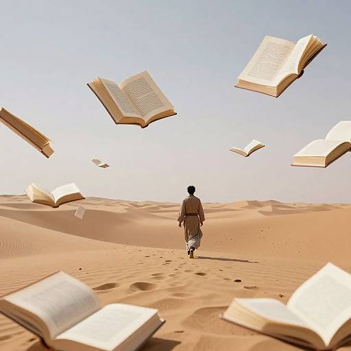 A man in desert attire walks through a sandy desert with open books floating in the sky under a clear blue sky.