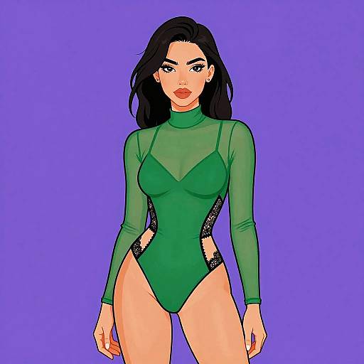 Edgy Woman in Emerald Green Mesh Bodysuit