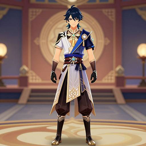 Digital anime-style drawing of a blue-haired male character in elaborate, mixed-color attire with black gloves and boots, standing confidently in a glowing, ornate
