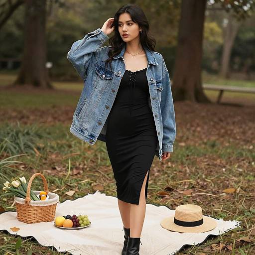 Photograph of a young woman with long black hair, wearing a denim jacket and black dress, walking past a picnic setup in a forest.