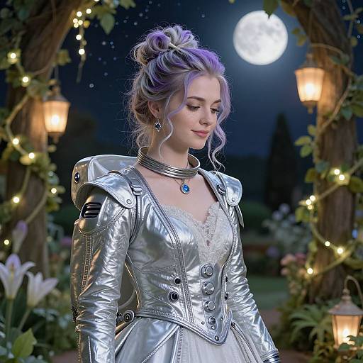 Photorealistic CGI of a fair-skinned woman with purple hair in a silver, high-collared, corseted dress, standing under a